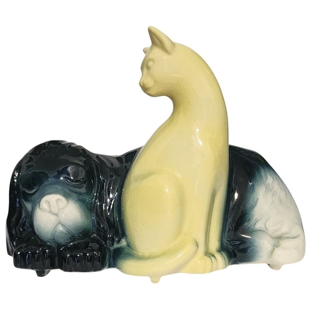 VTG MCM Ceramic Dog & Cat Planter Figurine 7X5" Tall Black & Yellow Design